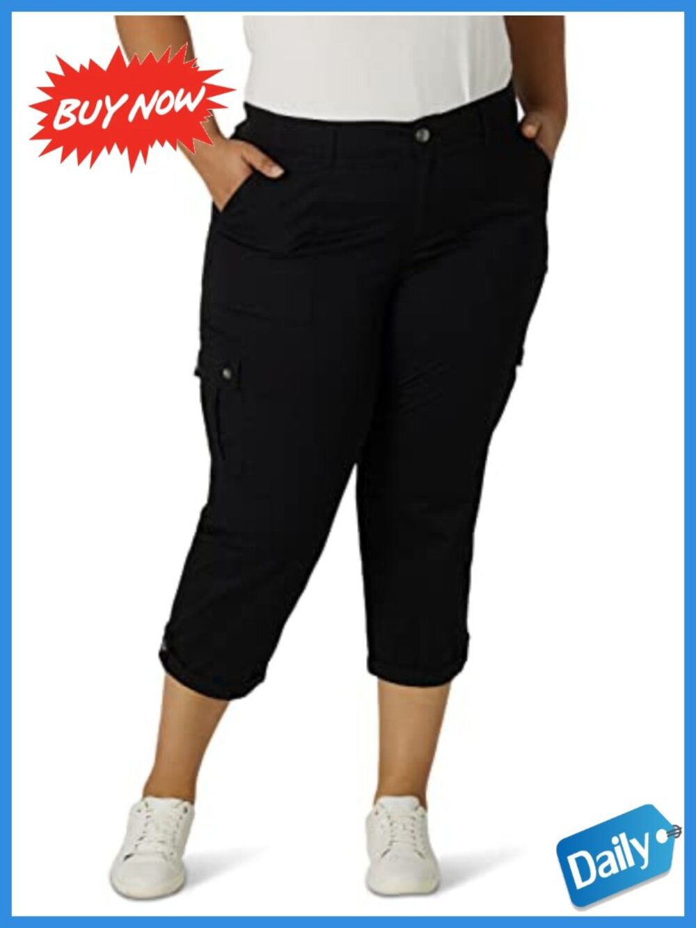 Plus Size Cargo Capri Pants Mid-Rise Relaxed Fit Flex Waistband Cotton Blend